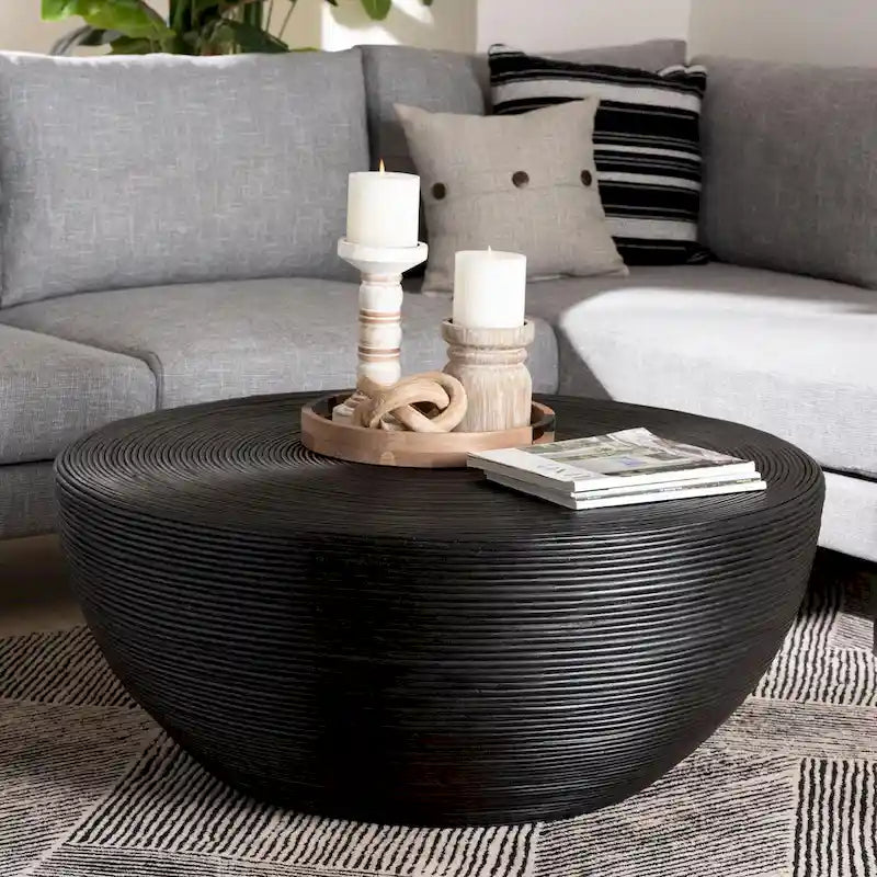 Table basse tambour ronde en rotin faite à la main, style bohème côtier pour salon