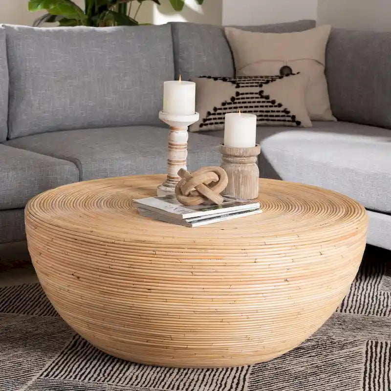 Table basse tambour ronde en rotin faite à la main, style bohème côtier pour salon