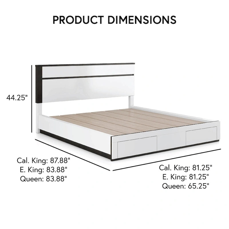 Lit de rangement moderne bicolore en bois blanc avec chargement USB intégré et tiroirs