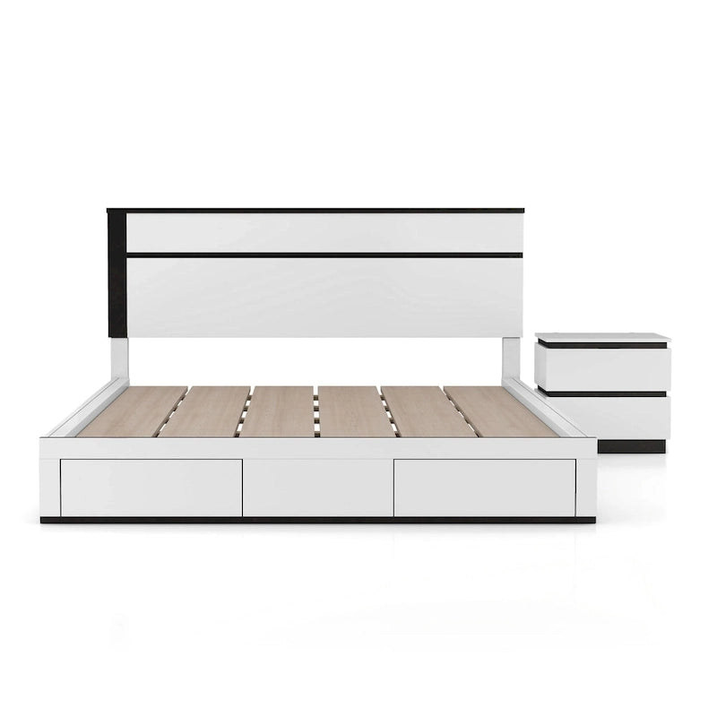 Lit de rangement moderne bicolore en bois blanc avec chargement USB intégré et tiroirs
