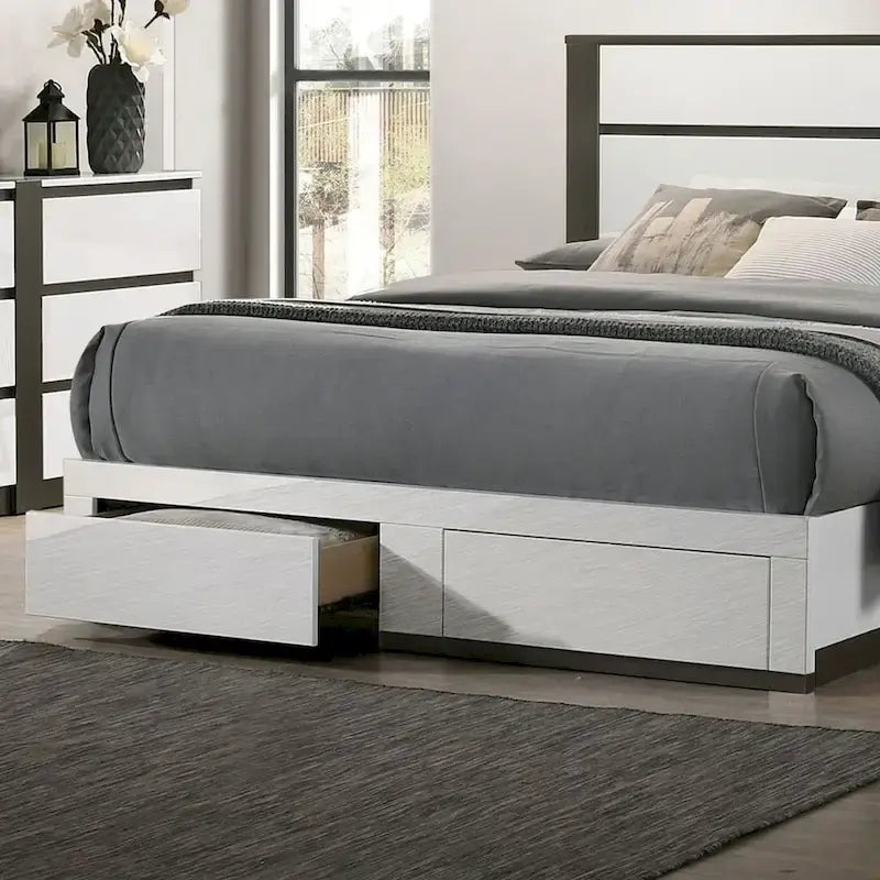 Lit de rangement moderne bicolore en bois blanc avec chargement USB intégré et tiroirs