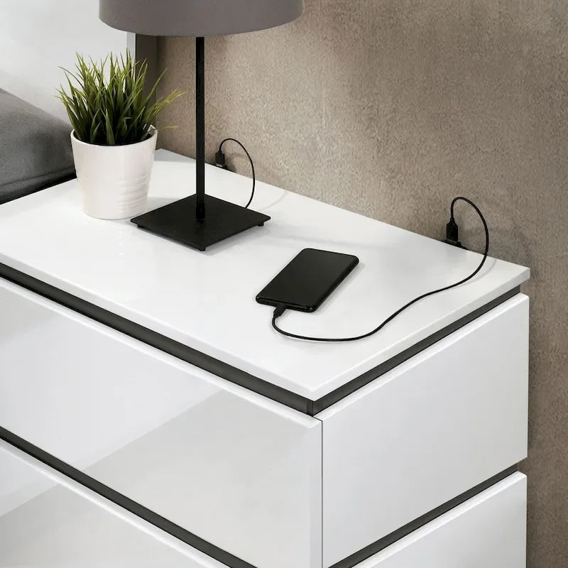 Lit de rangement moderne bicolore en bois blanc avec chargement USB intégré et tiroirs