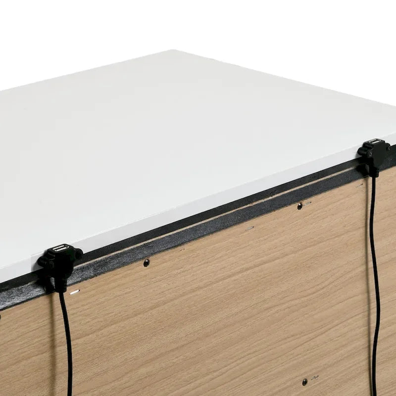 Lit de rangement moderne bicolore en bois blanc avec chargement USB intégré et tiroirs