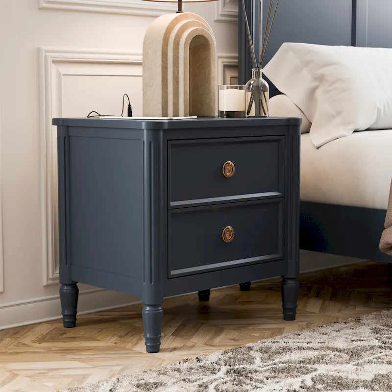 Table de chevet en bois massif 2 tiroirs Ports USB Poignées or antique Bleu malte Blanc