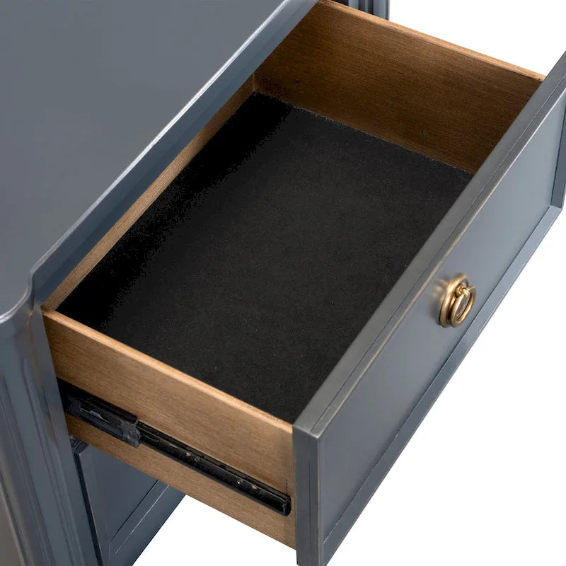 Table de chevet en bois massif 2 tiroirs Ports USB Poignées or antique Bleu malte Blanc