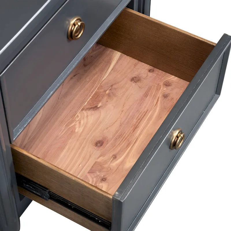 Table de chevet en bois massif 2 tiroirs Ports USB Poignées or antique Bleu malte Blanc