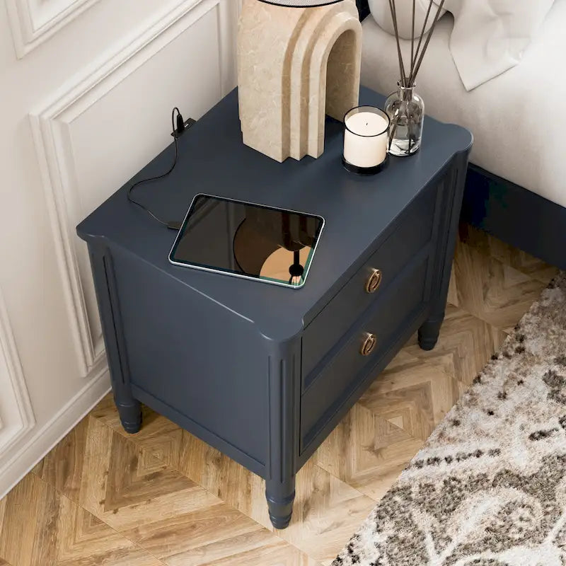 Table de chevet en bois massif 2 tiroirs Ports USB Poignées or antique Bleu malte Blanc