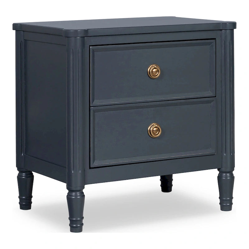 Table de chevet en bois massif 2 tiroirs Ports USB Poignées or antique Bleu malte Blanc