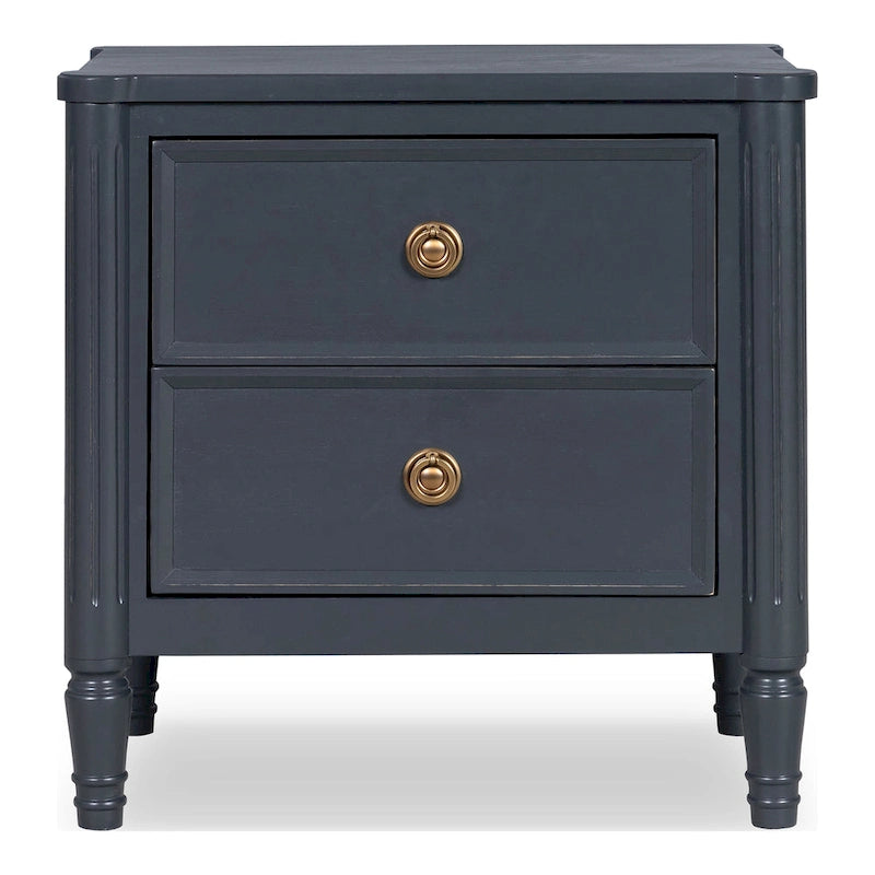 Table de chevet en bois massif 2 tiroirs Ports USB Poignées or antique Bleu malte Blanc