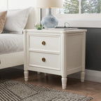 Table de chevet en bois massif 2 tiroirs Ports USB Poignées or antique Bleu malte Blanc