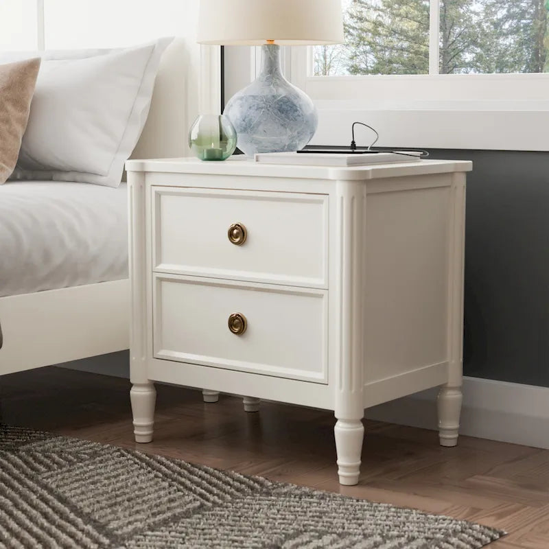 Table de chevet en bois massif 2 tiroirs Ports USB Poignées or antique Bleu malte Blanc