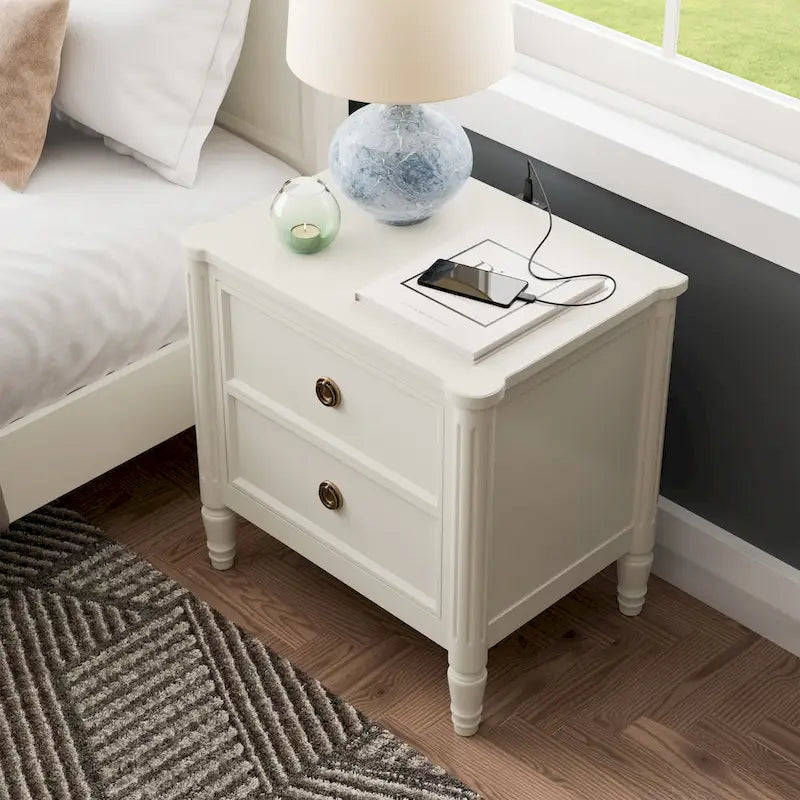 Table de chevet en bois massif 2 tiroirs Ports USB Poignées or antique Bleu malte Blanc