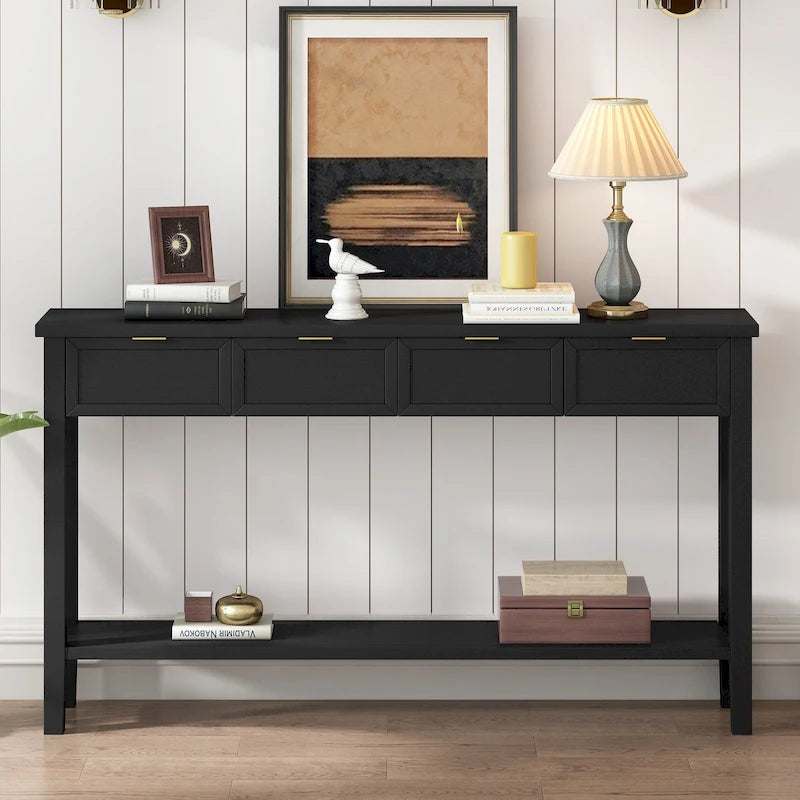 Console d'entrée moderne avec 4 tiroirs coulissants et étagère de rangement inférieure noire