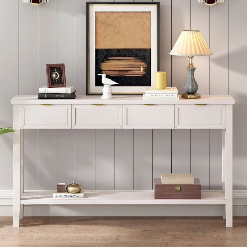 Console d'entrée moderne avec 4 tiroirs coulissants et étagère de rangement inférieure noire