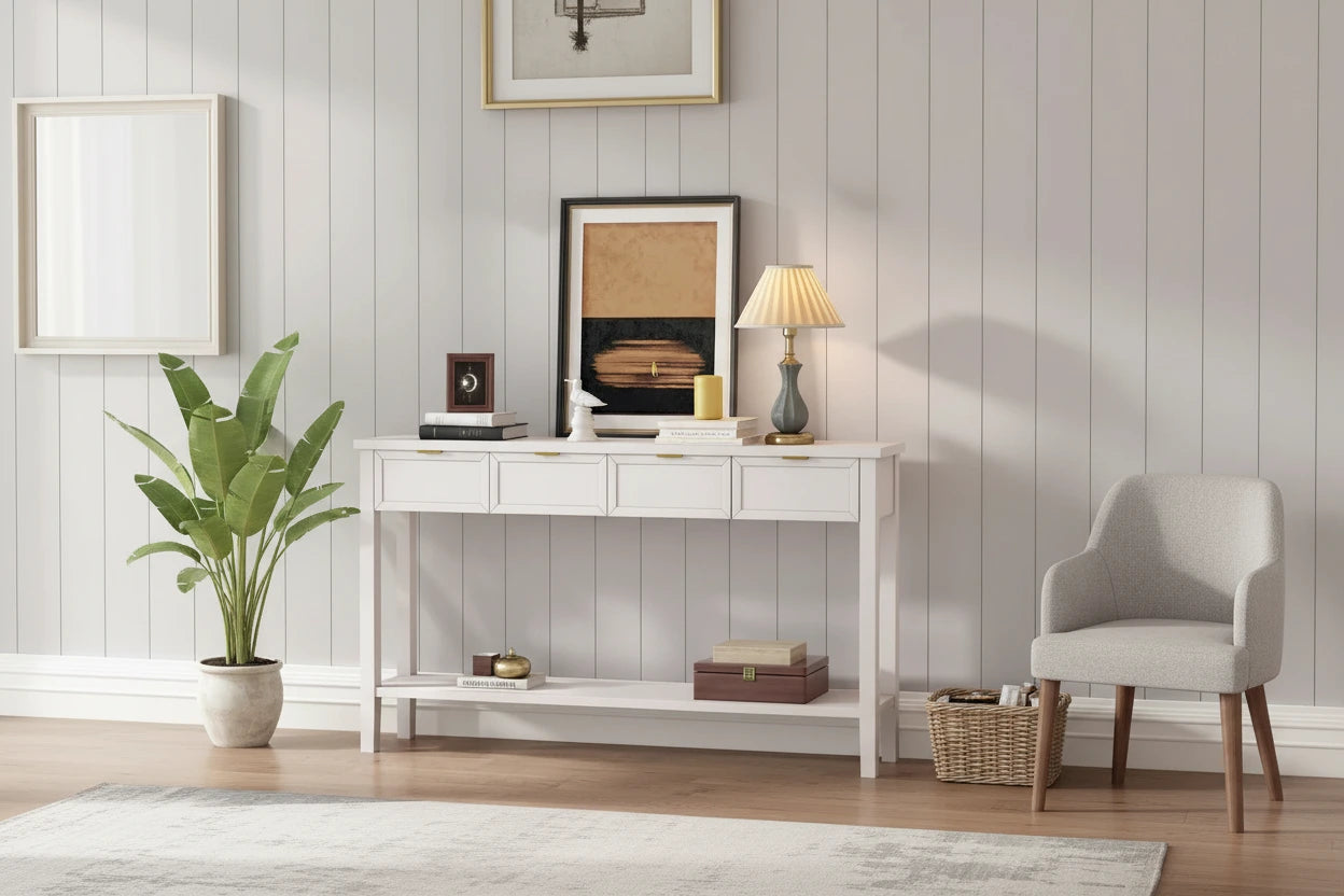Console d'entrée moderne avec 4 tiroirs coulissants et étagère de rangement inférieure noire