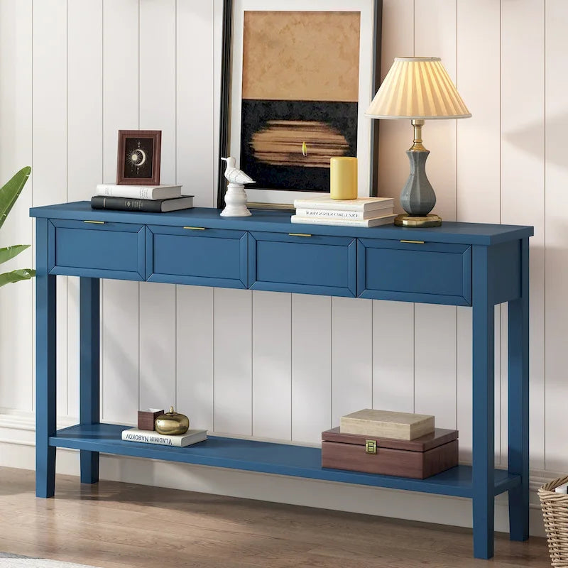 Console d'entrée moderne avec 4 tiroirs coulissants et étagère de rangement inférieure noire