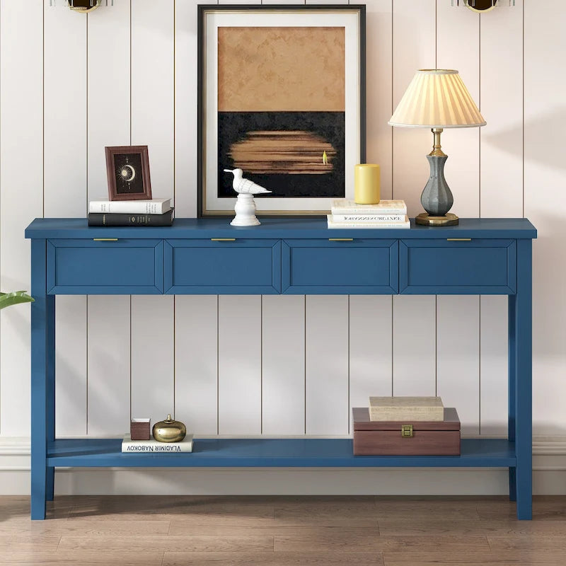 Console d'entrée moderne avec 4 tiroirs coulissants et étagère de rangement inférieure noire