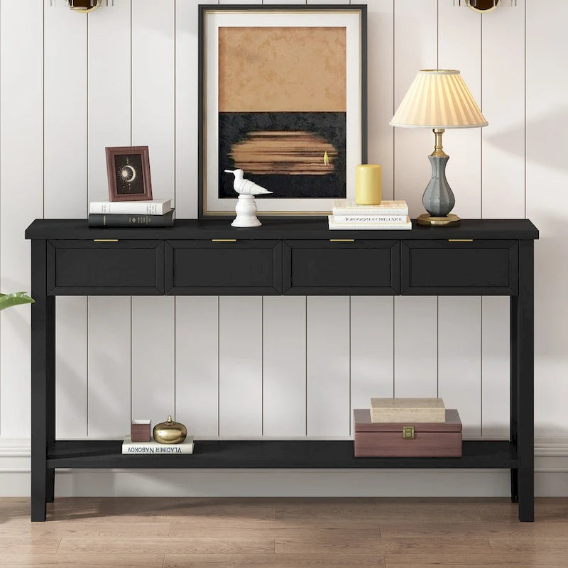Console d'entrée moderne avec 4 tiroirs coulissants et étagère de rangement inférieure noire
