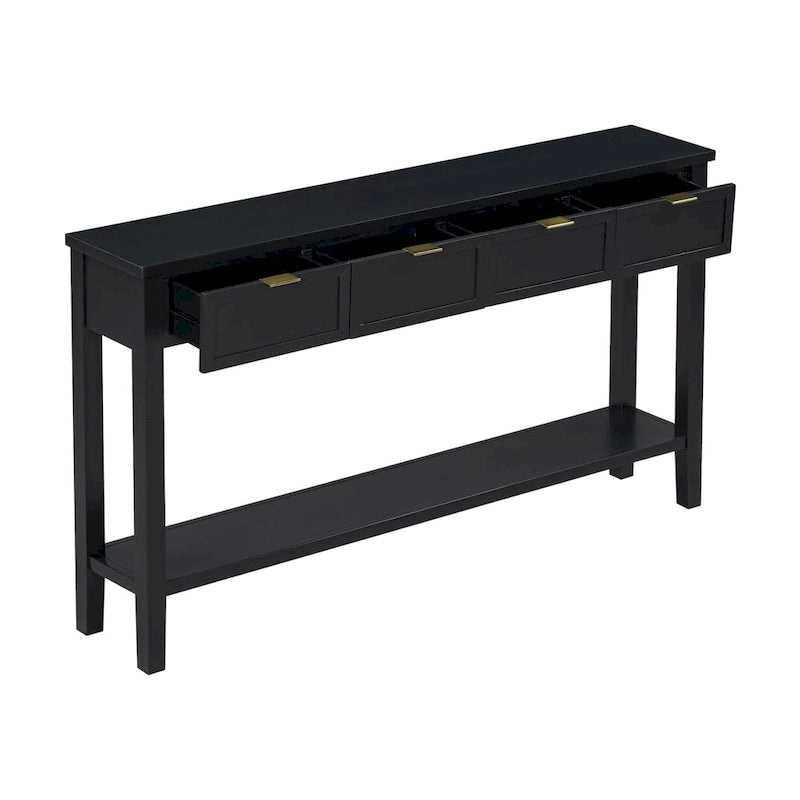 Console d'entrée moderne avec 4 tiroirs coulissants et étagère de rangement inférieure noire