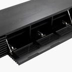 Meuble TV minimaliste avec tiroirs, console multimédia en bois massif avec placards, porte abattante, placage noyer, entièrement assemblé