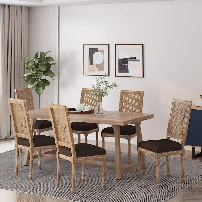 Chaise de salle à manger capitonnée en bois et cannage avec pieds cannelés, marron