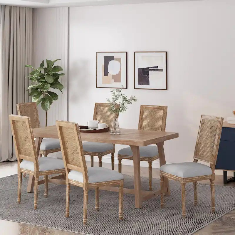 Chaise de salle à manger capitonnée en bois et cannage avec pieds cannelés, marron