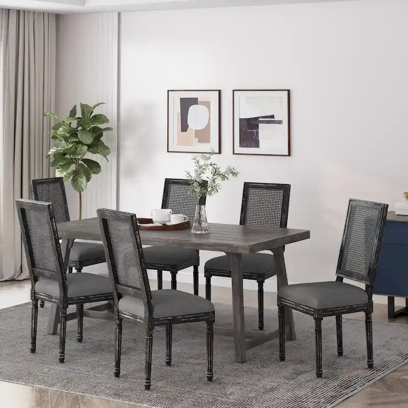 Chaise de salle à manger capitonnée en bois et cannage avec pieds cannelés, marron