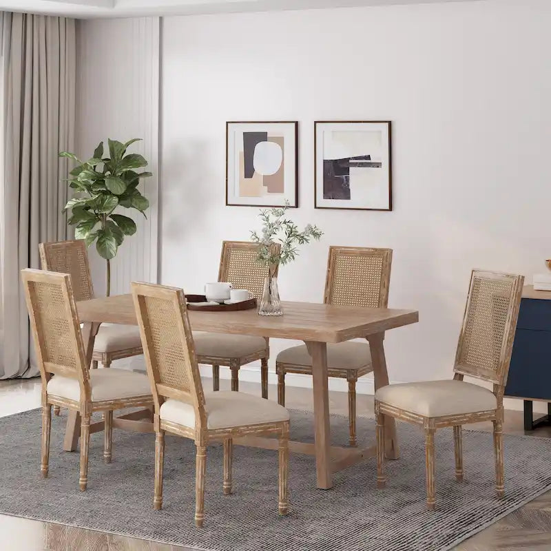 Chaise de salle à manger capitonnée en bois et cannage avec pieds cannelés, marron