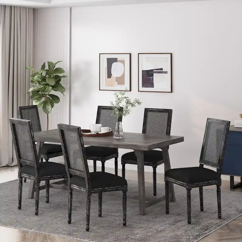 Chaise de salle à manger capitonnée en bois et cannage avec pieds cannelés, marron