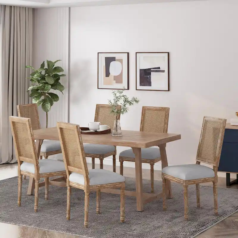 Chaise de salle à manger capitonnée en bois et cannage avec pieds cannelés, marron