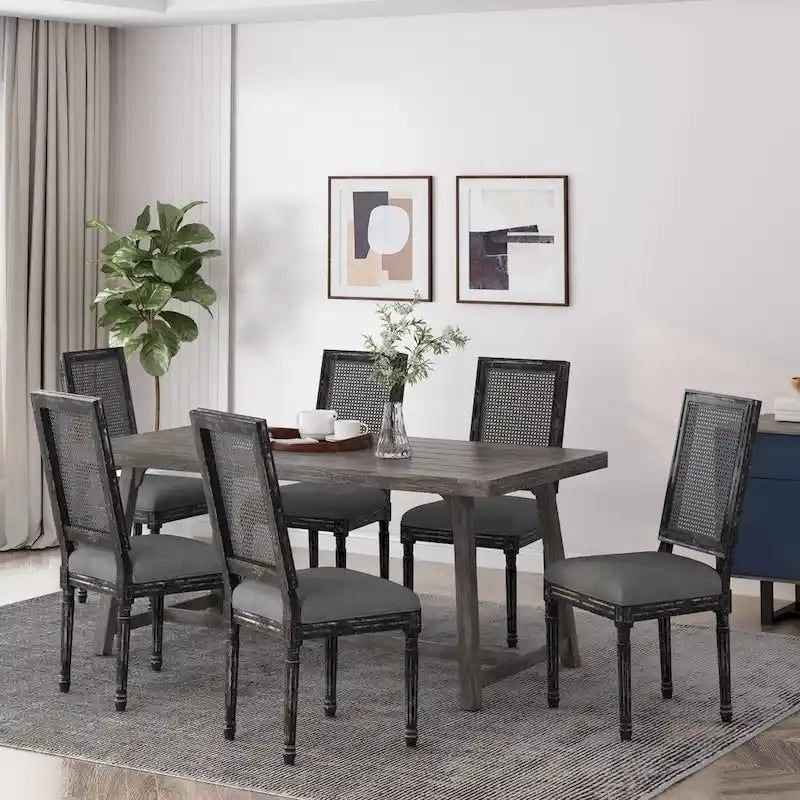 Chaise de salle à manger capitonnée en bois et cannage avec pieds cannelés, marron