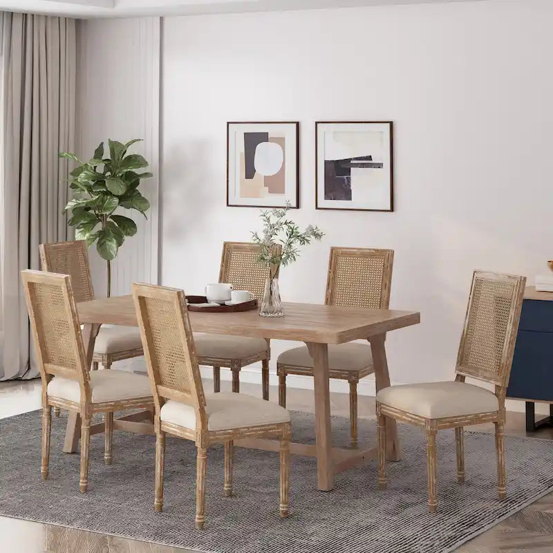 Chaise de salle à manger capitonnée en bois et cannage avec pieds cannelés, marron