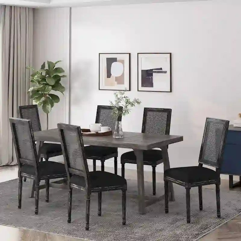 Chaise de salle à manger capitonnée en bois et cannage avec pieds cannelés, marron