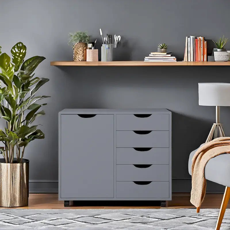 Meuble de rangement en bois à 5 tiroirs avec porte et roulettes, blanc