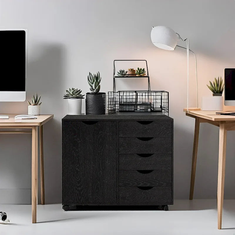 Meuble de rangement en bois à 5 tiroirs avec porte et roulettes, blanc