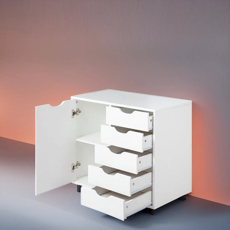 Meuble de rangement en bois à 5 tiroirs avec porte et roulettes, blanc