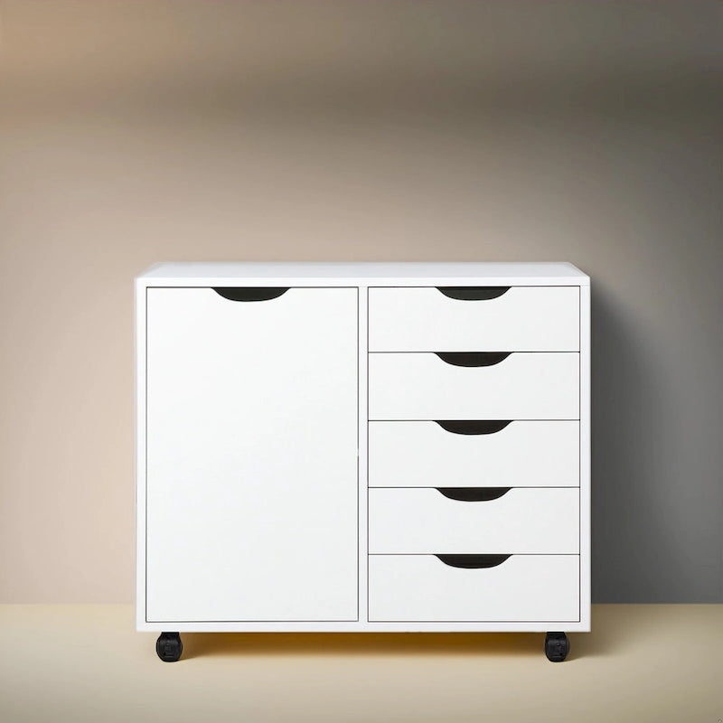 Meuble de rangement en bois à 5 tiroirs avec porte et roulettes, blanc