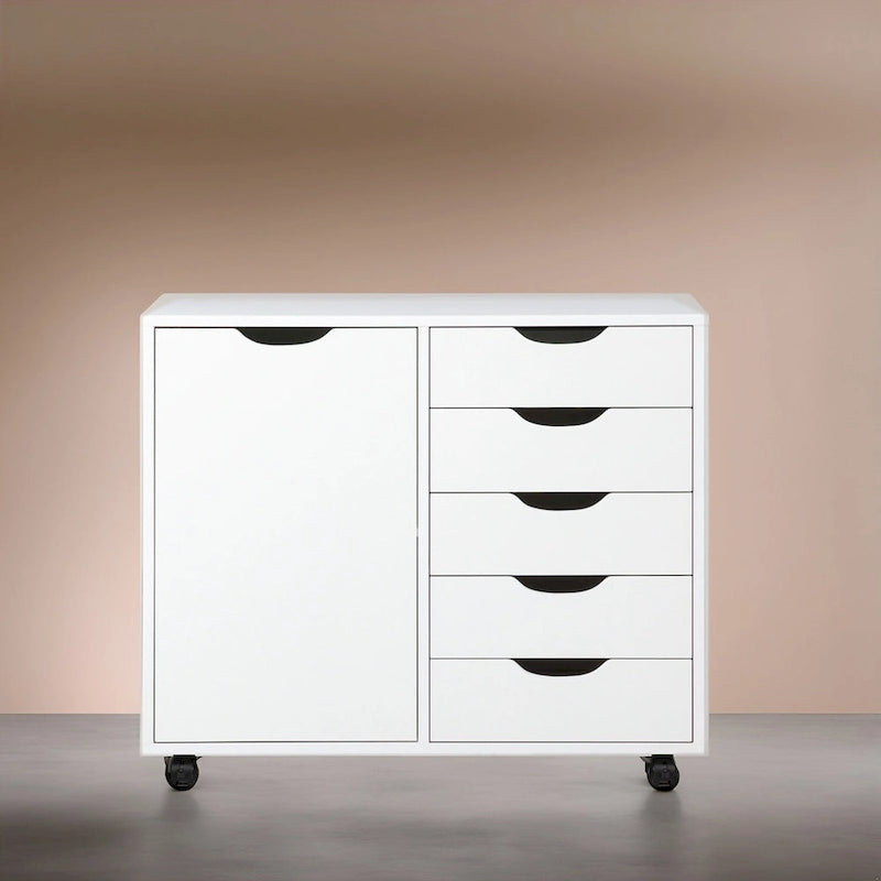 Meuble de rangement en bois à 5 tiroirs avec porte et roulettes, blanc
