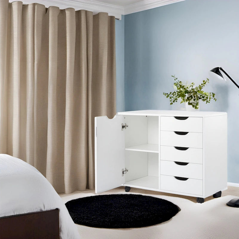 Meuble de rangement en bois à 5 tiroirs avec porte et roulettes, blanc