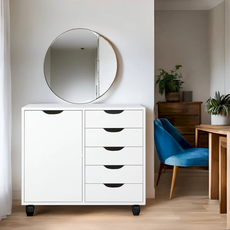 Meuble de rangement en bois à 5 tiroirs avec porte et roulettes, blanc