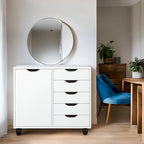 Meuble de rangement en bois à 5 tiroirs avec porte et roulettes, blanc