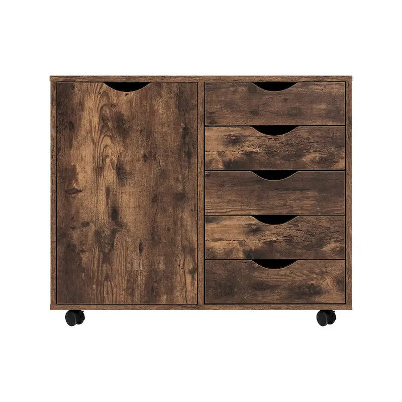 Meuble de rangement en bois à 5 tiroirs avec porte et roulettes, blanc