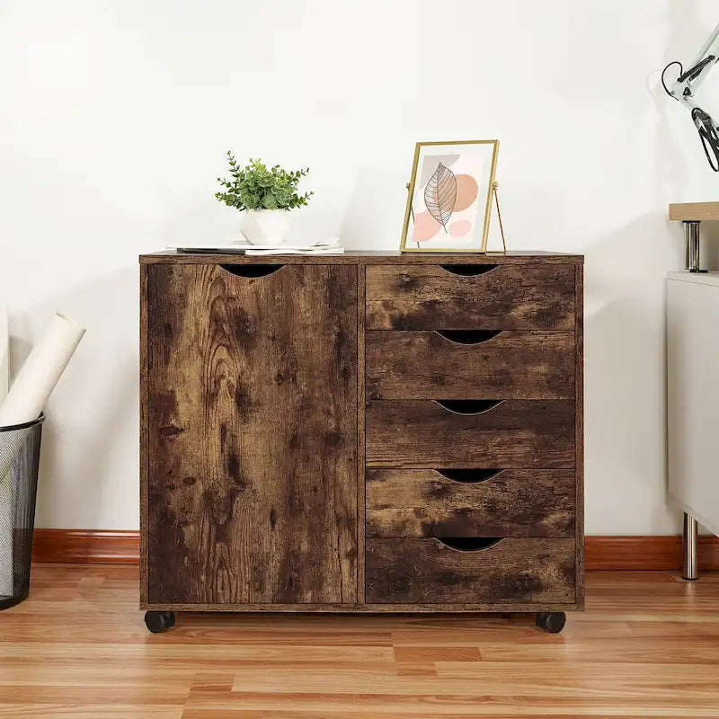 Meuble de rangement en bois à 5 tiroirs avec porte et roulettes, blanc