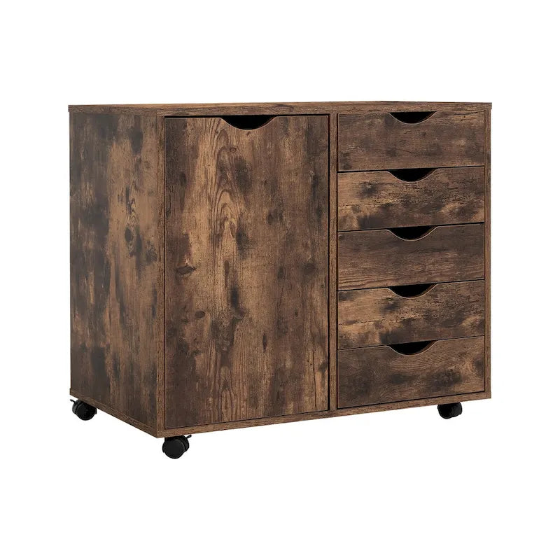 Meuble de rangement en bois à 5 tiroirs avec porte et roulettes, blanc