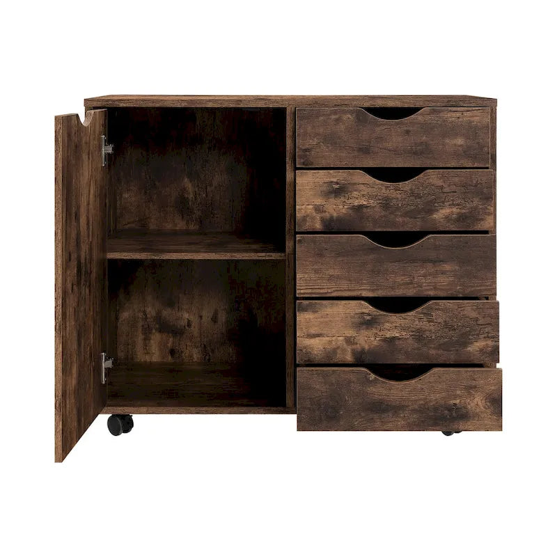 Meuble de rangement en bois à 5 tiroirs avec porte et roulettes, blanc