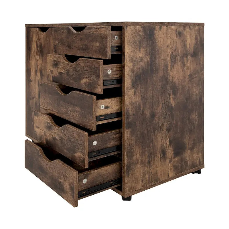 Meuble de rangement en bois à 5 tiroirs avec porte et roulettes, blanc