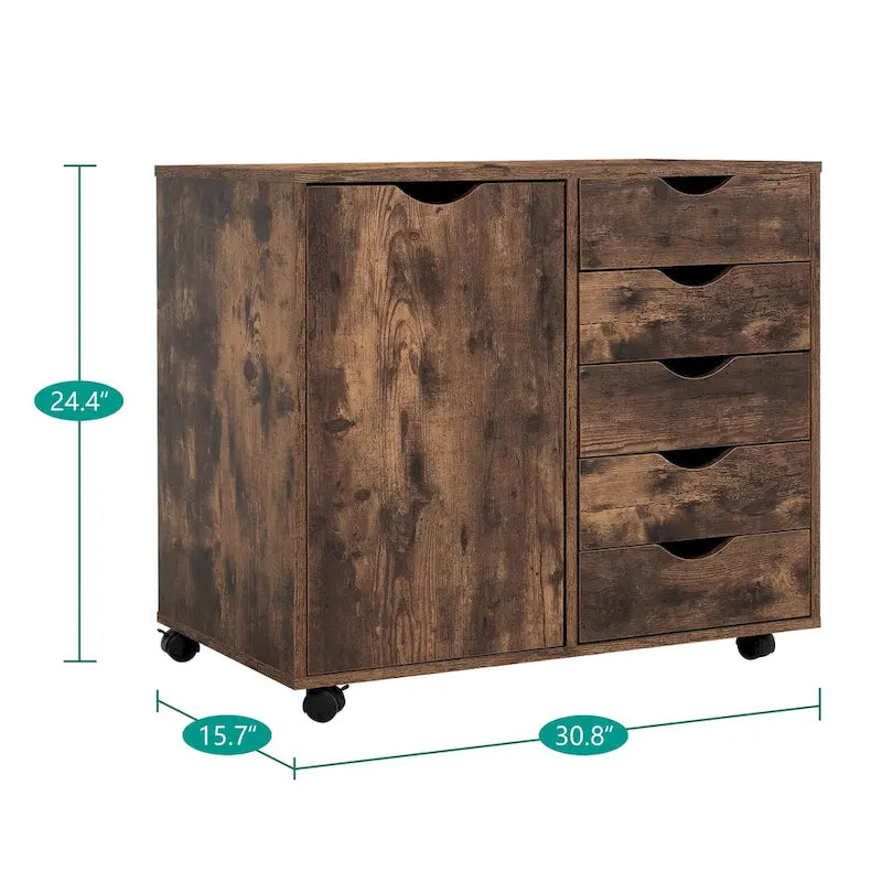 Meuble de rangement en bois à 5 tiroirs avec porte et roulettes, blanc