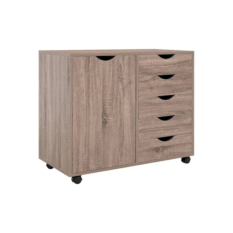 Meuble de rangement en bois à 5 tiroirs avec porte et roulettes, blanc