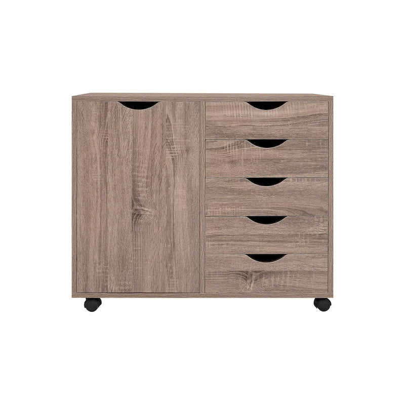 Meuble de rangement en bois à 5 tiroirs avec porte et roulettes, blanc