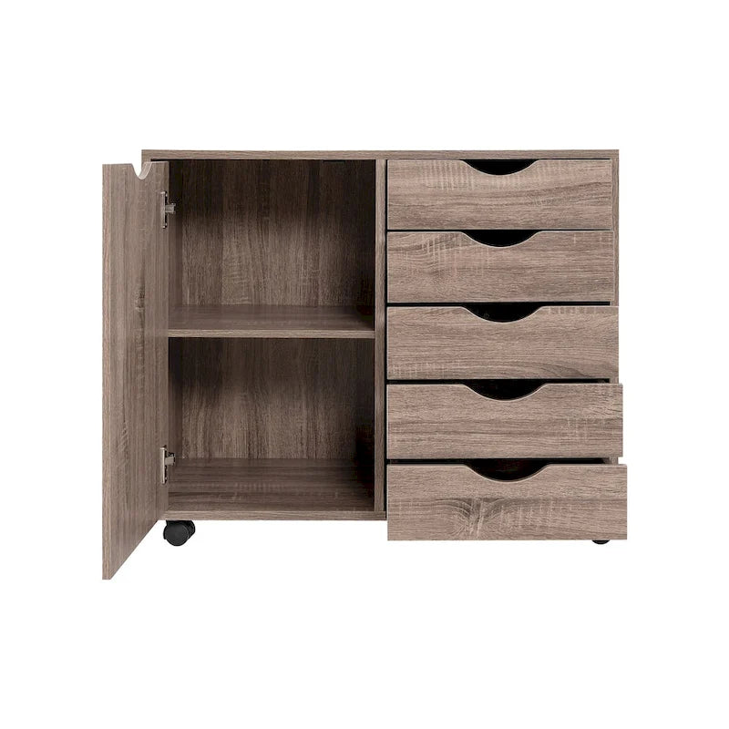 Meuble de rangement en bois à 5 tiroirs avec porte et roulettes, blanc